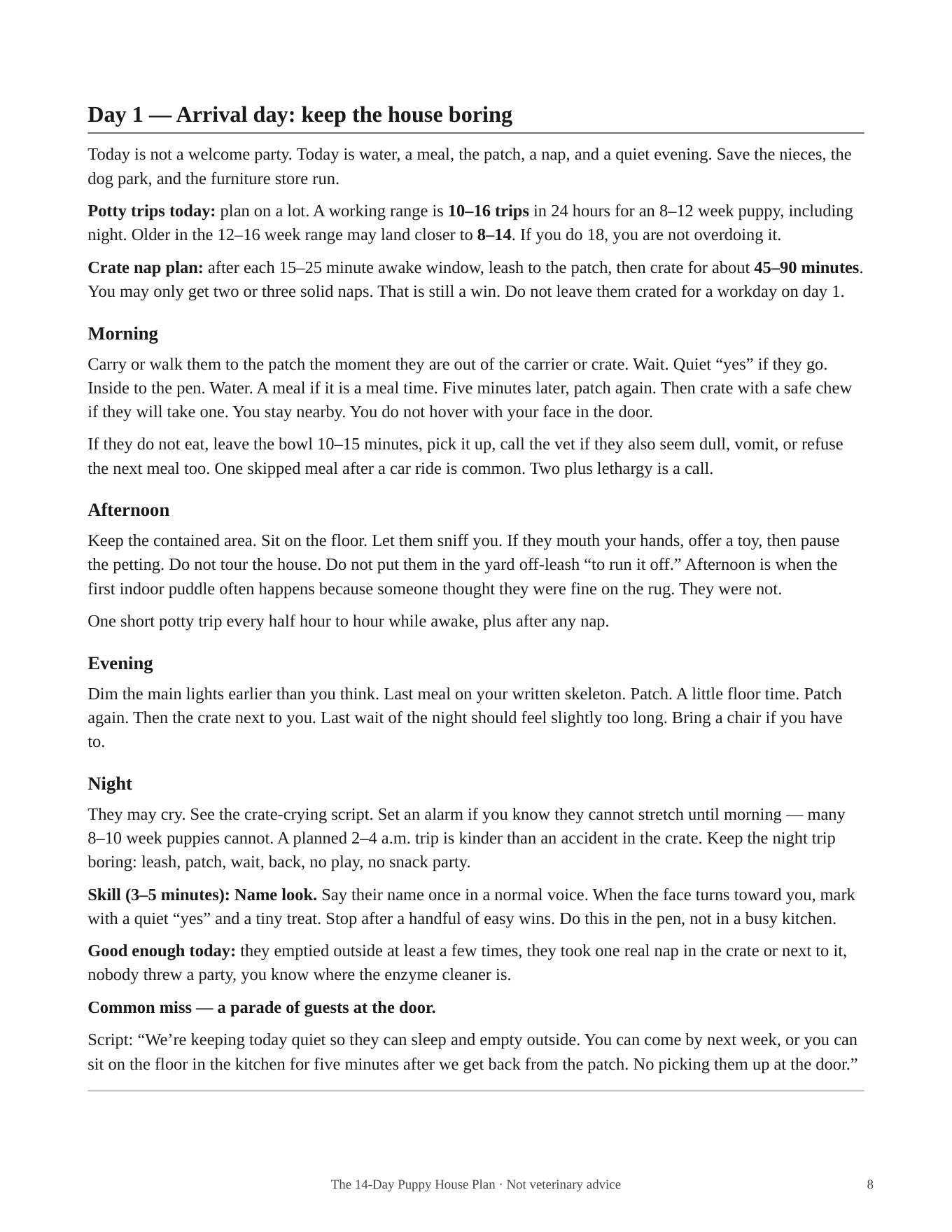 Day 1 guidebook page: Arrival day, keep the house boring — morning, afternoon, evening, and night blocks.