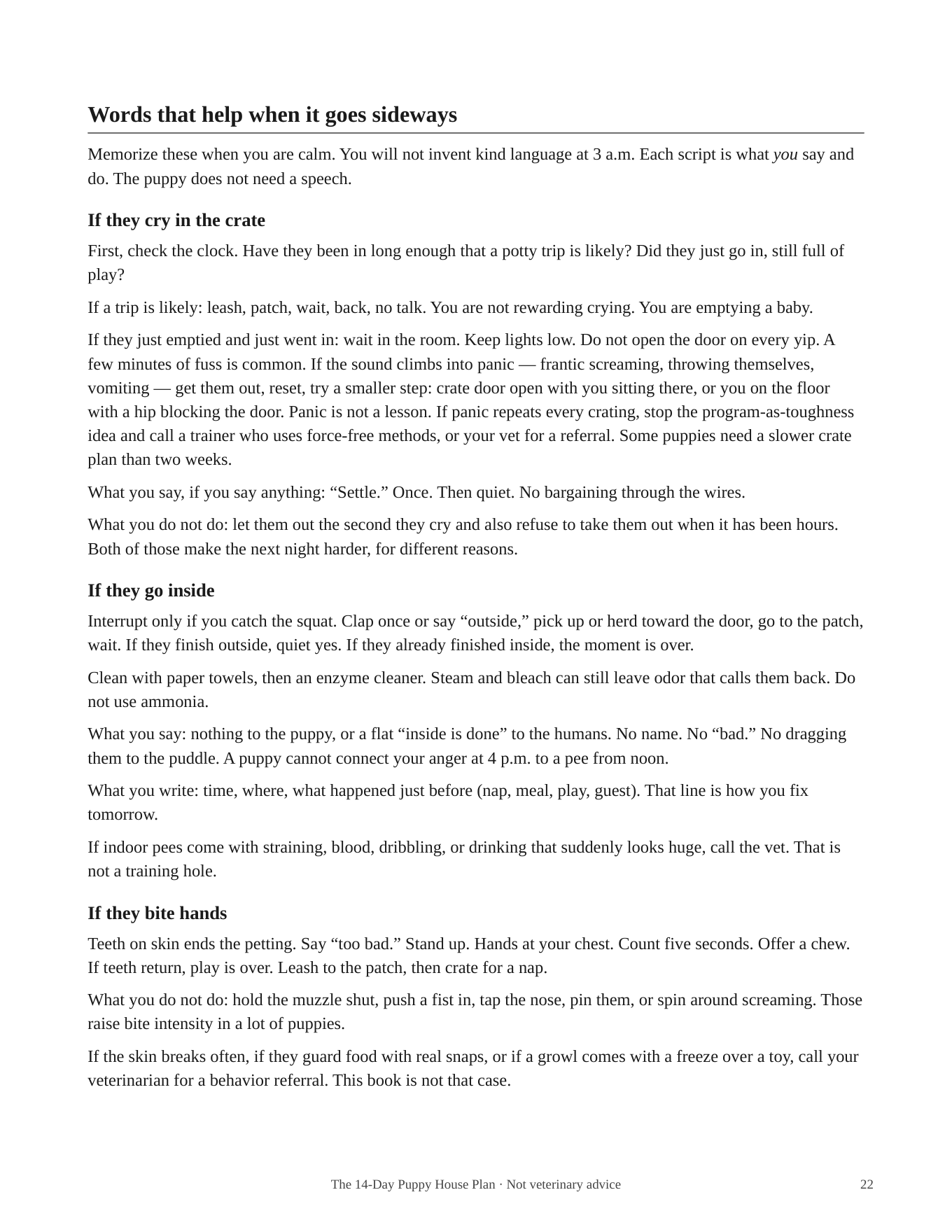 Scripts page: words that help for crate crying, indoor accidents, and mouthing.